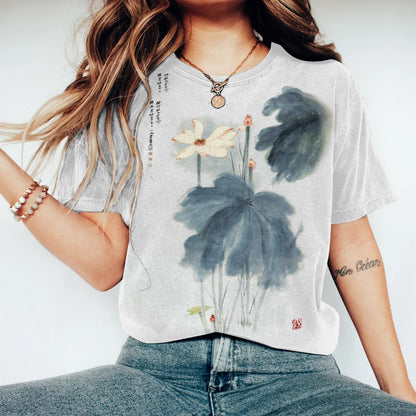 Comstylish Japanese Retro Orchid Ink Wash Painting Art Linen Casual Cotton T-Shirt