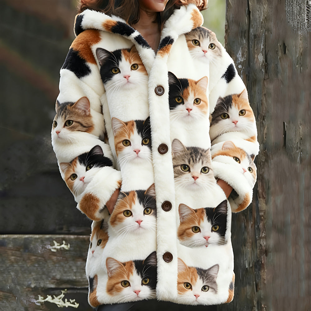 Comstylish Cute Tricolor Cat Plush Warm Hooded Cardigan