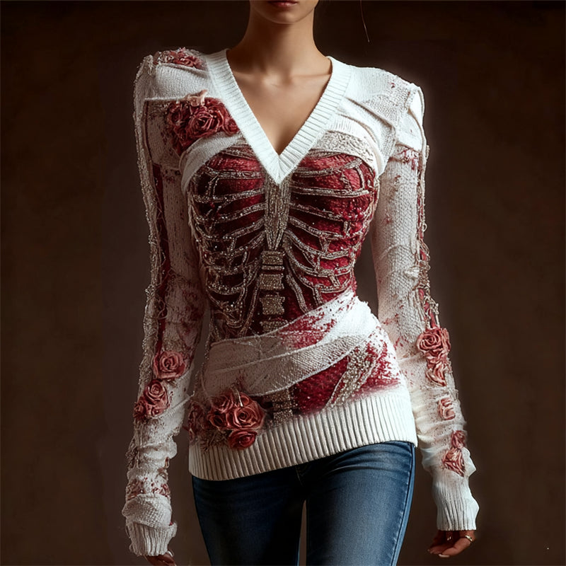 Classy Skeleton Anatomy Bloody Roses Bandages V Neck Sweater artswardrobe
