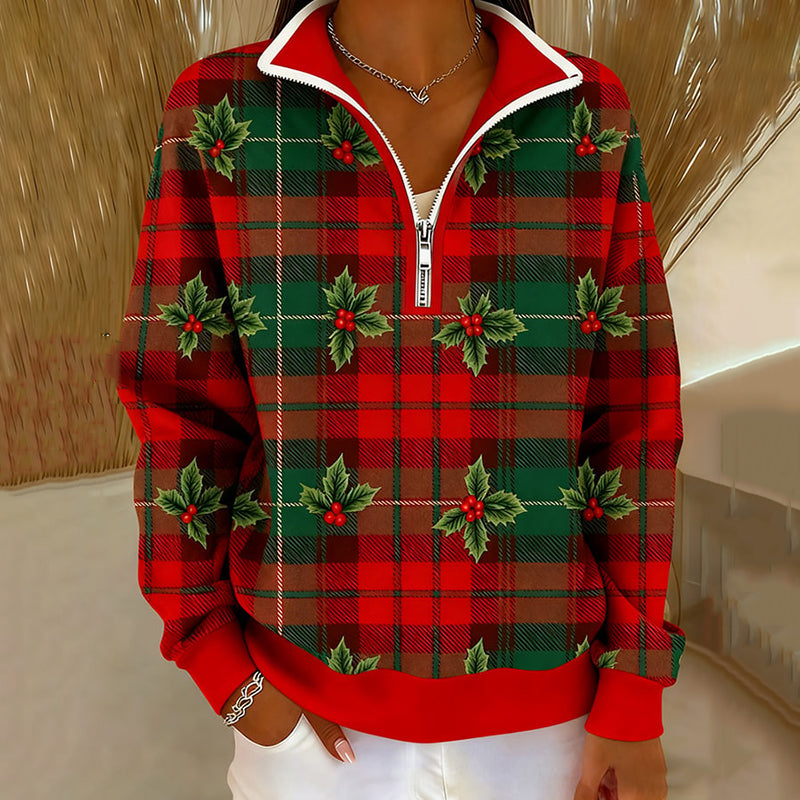Comstylish Women's Casual Christmas Plaid Zipper Sweatshirt