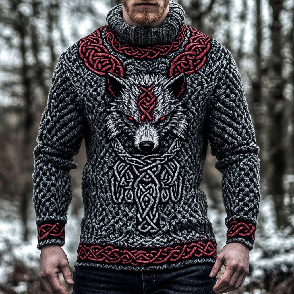 Vintage Viking Wolf Chunky Knit Jacquard Men's Crew Neck Sweater artswardrobe