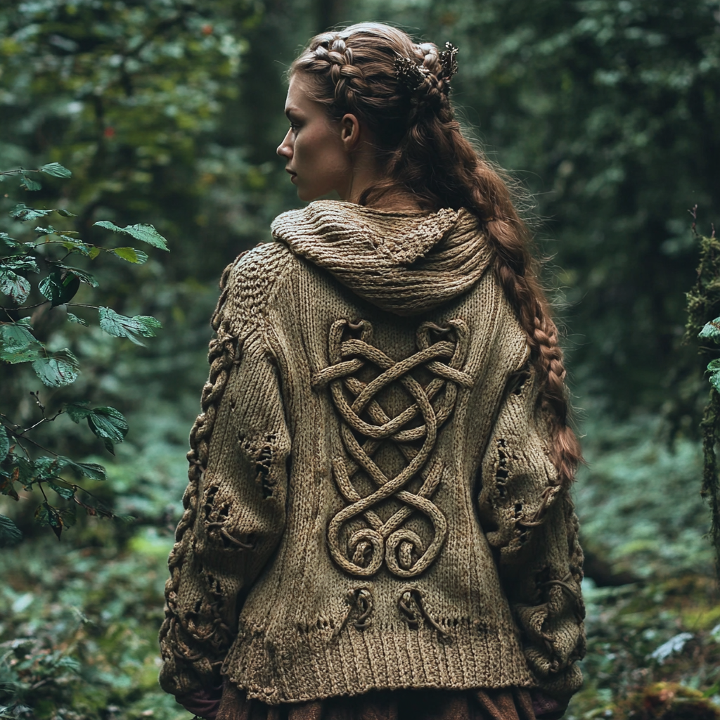 Women's Celtic Knot Retro Cozy Knit Hooded Cardigan artswardrobe