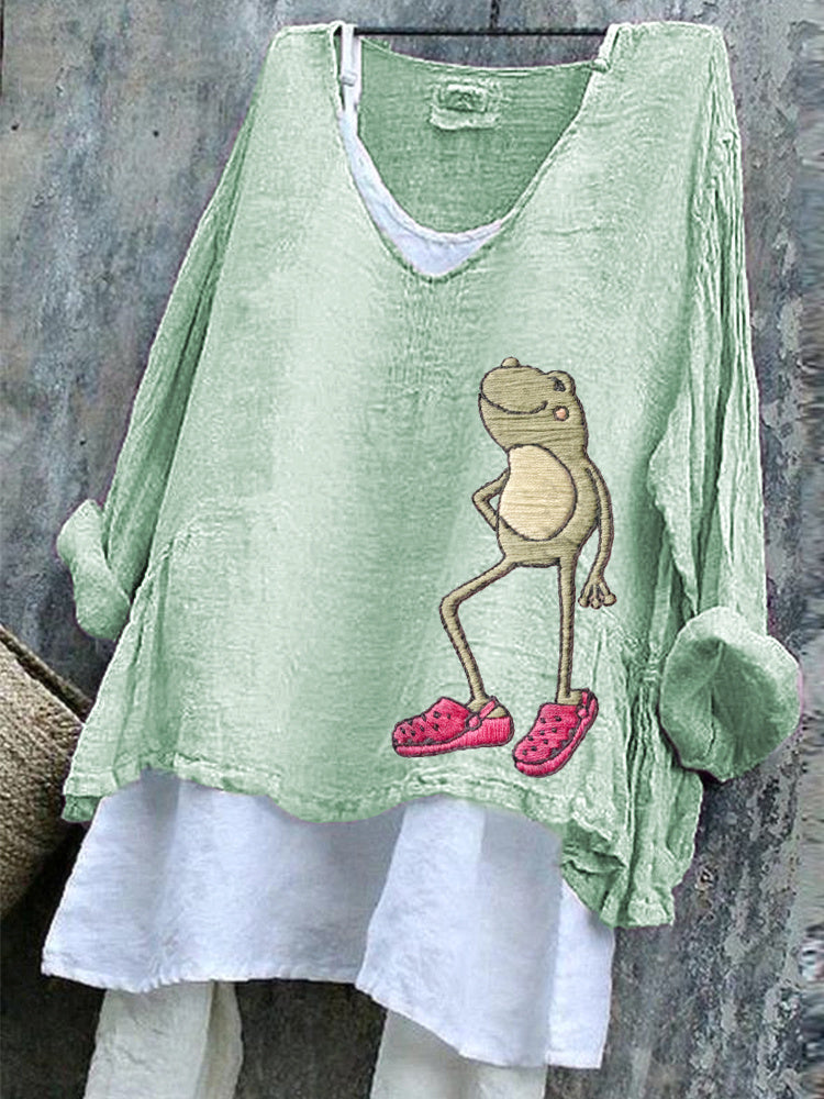 Comstylish Funny Frog Embroidery Pattern Comfort Linen Shirt