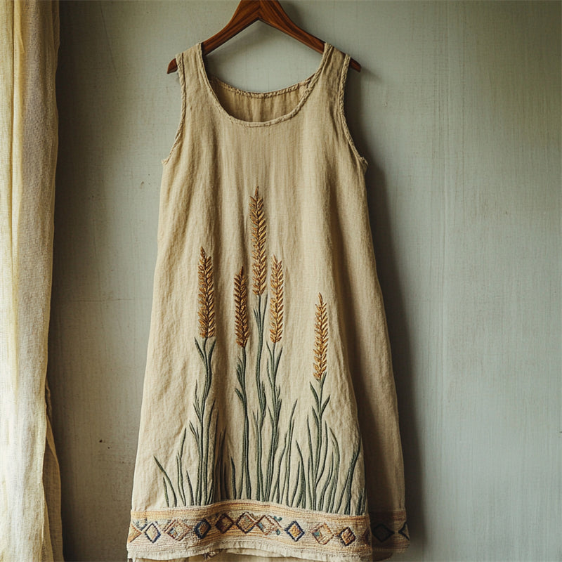 Lammas Cottage Wheat Embroidered Linen Mini Dress artswardrobe