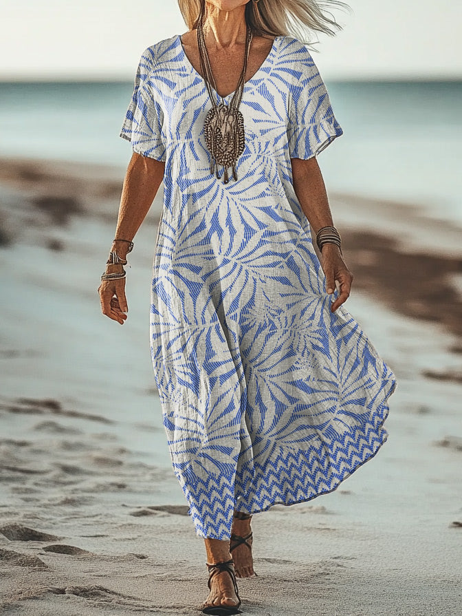 Women's Art Floral Hippie Vintage Print V Neck Dress