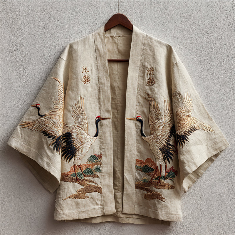 Comstylish Japanese Cranes Landscape Embroidered Linen Kimono Cardigan