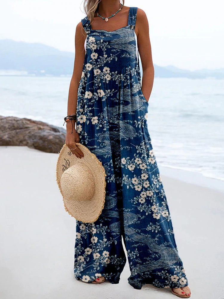 Comstylish Japanese Floral Art Pattern Linen Blend Comfy Jumpsuit