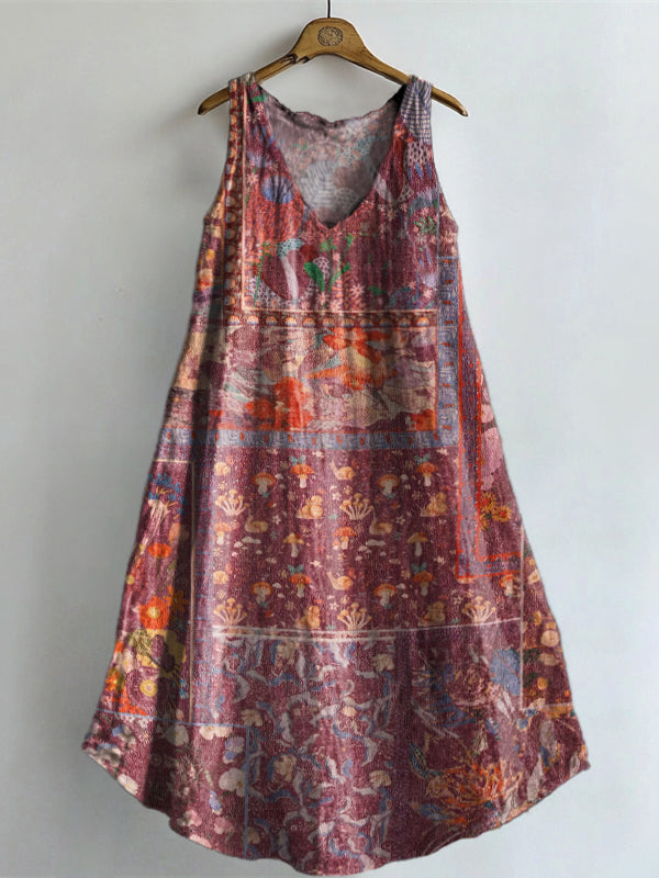 Women's Bohemian Vintage Floral Collage Art Print V-neck Pocket Cotton