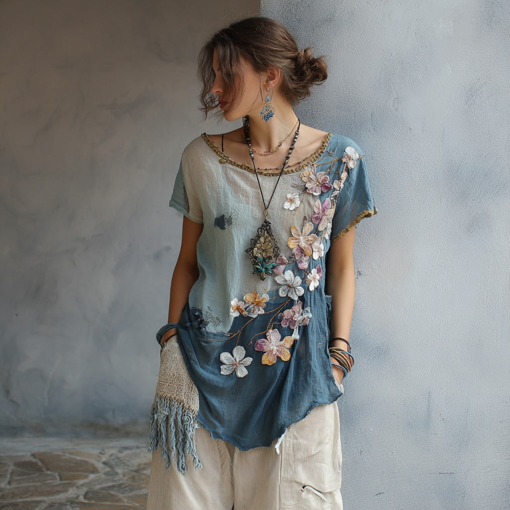 Comstylish Women's Vintage Cherry Blossom Pattern Crew Neck T-shirt