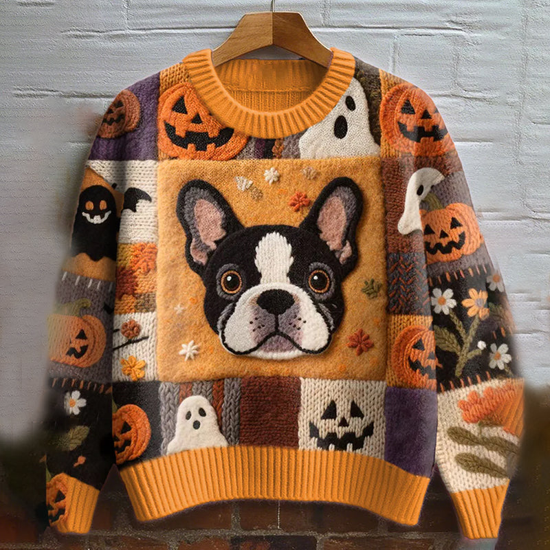 Comstylish Vintage French Bulldog Felt Art Inspired Embroidered Cozy Knit Sweater