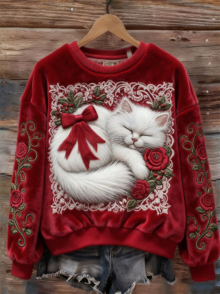 Comstylish Classy Christmas Fuzzy Cat & Roses Embroidered Cozy Plush Sweatshirt