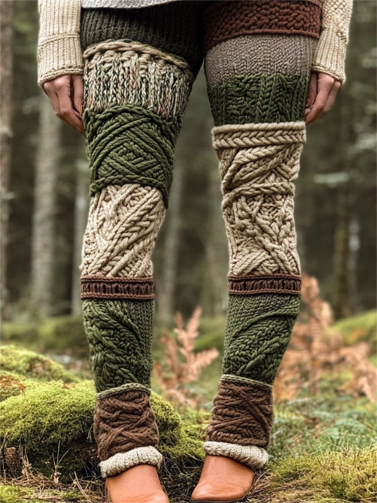 Nature Tree Inspired Celtic Patchwork Cozy Knit Leggings artswardrobe