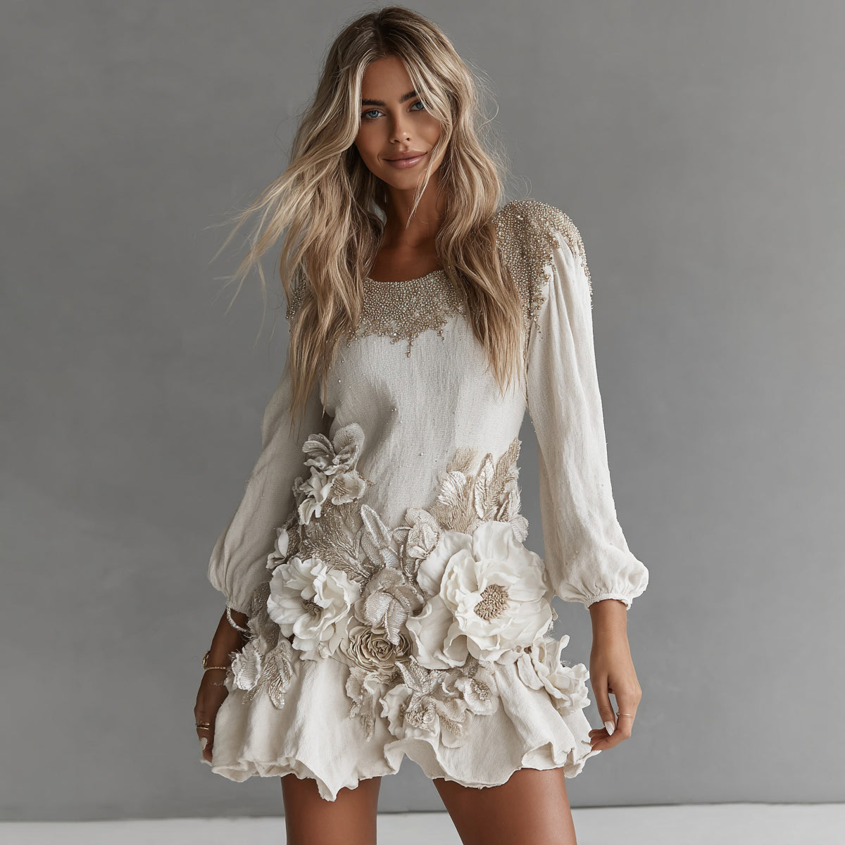 Comstylish Women's Vintage Boho Floral Linen Art Midi Dress