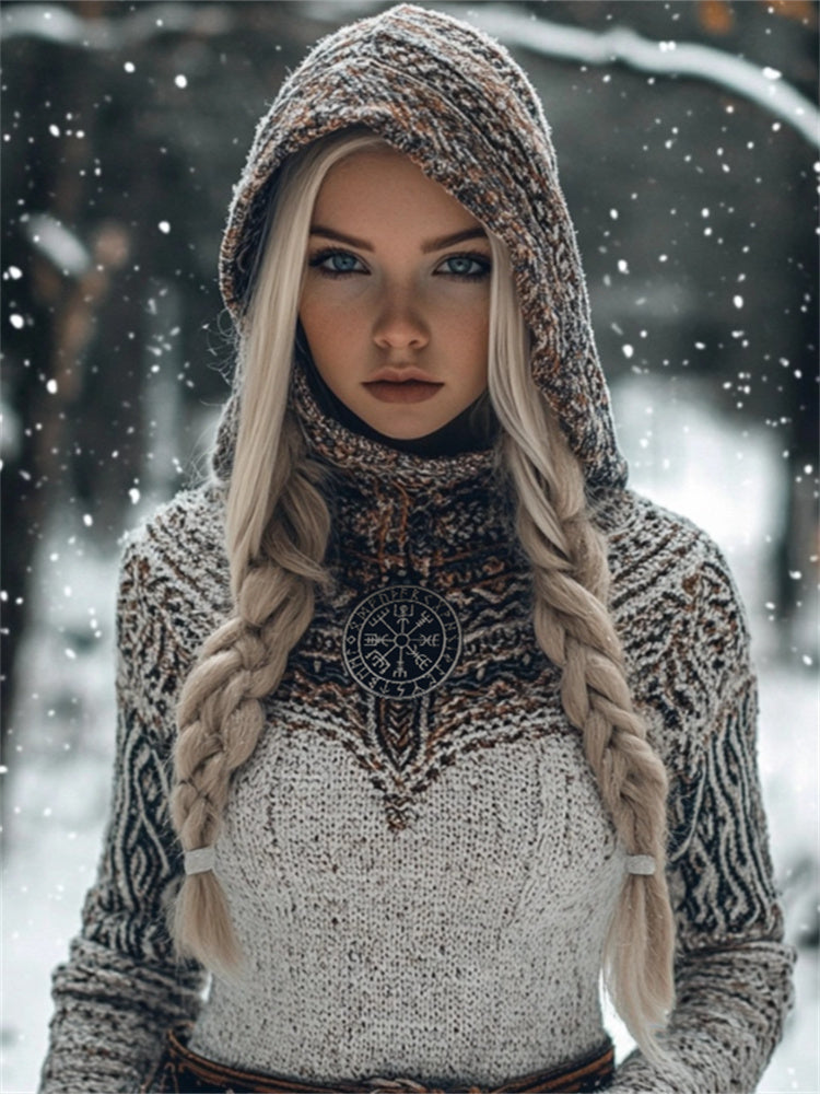 Viking Vegvisir Tribal Contrast Cozy Hooded Sweater artswardrobe