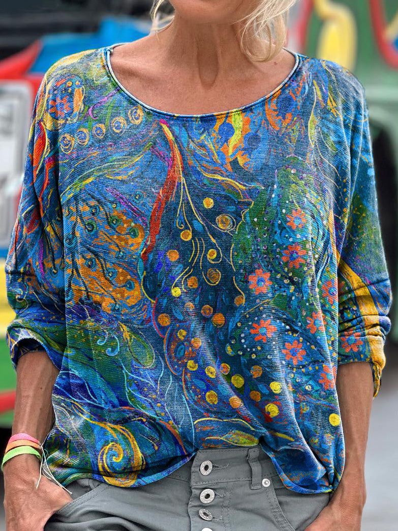 Women's Ethnic Floral Art Patterns Print Casual Long Sleeve T-shirt