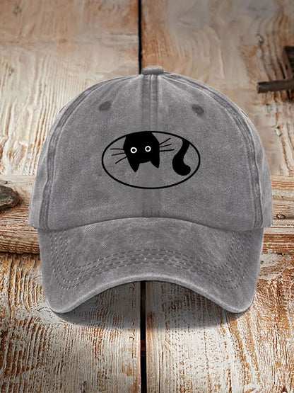 Comstylish Japanese Art Black Cat Print Washed Hat