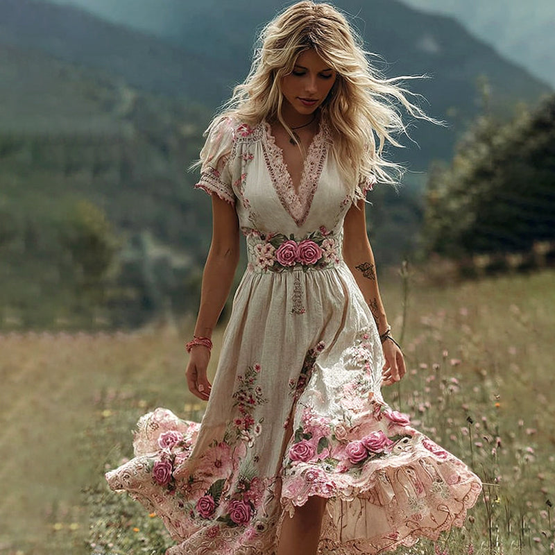 Women's Vintage Rose Embroidery Art Comfy Linen Maxi Dress artswardrobe