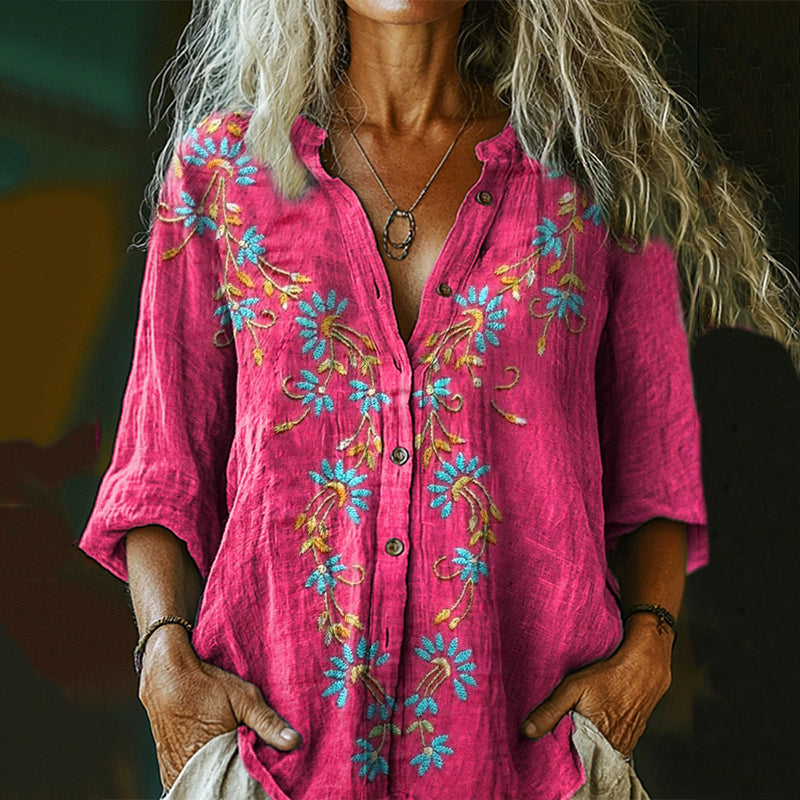 Women's Retro Ethnic Floral Print Casual Cotton And Linen Shirt artswardrobe