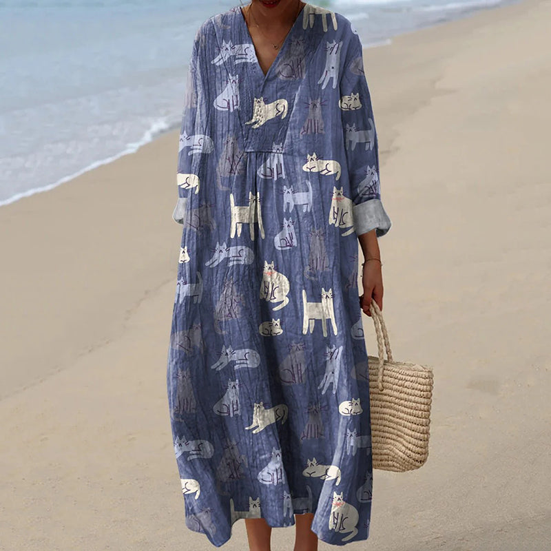 Comstylish Vintage Relaxing Cats Pattern Printed V Neck Midi Dress