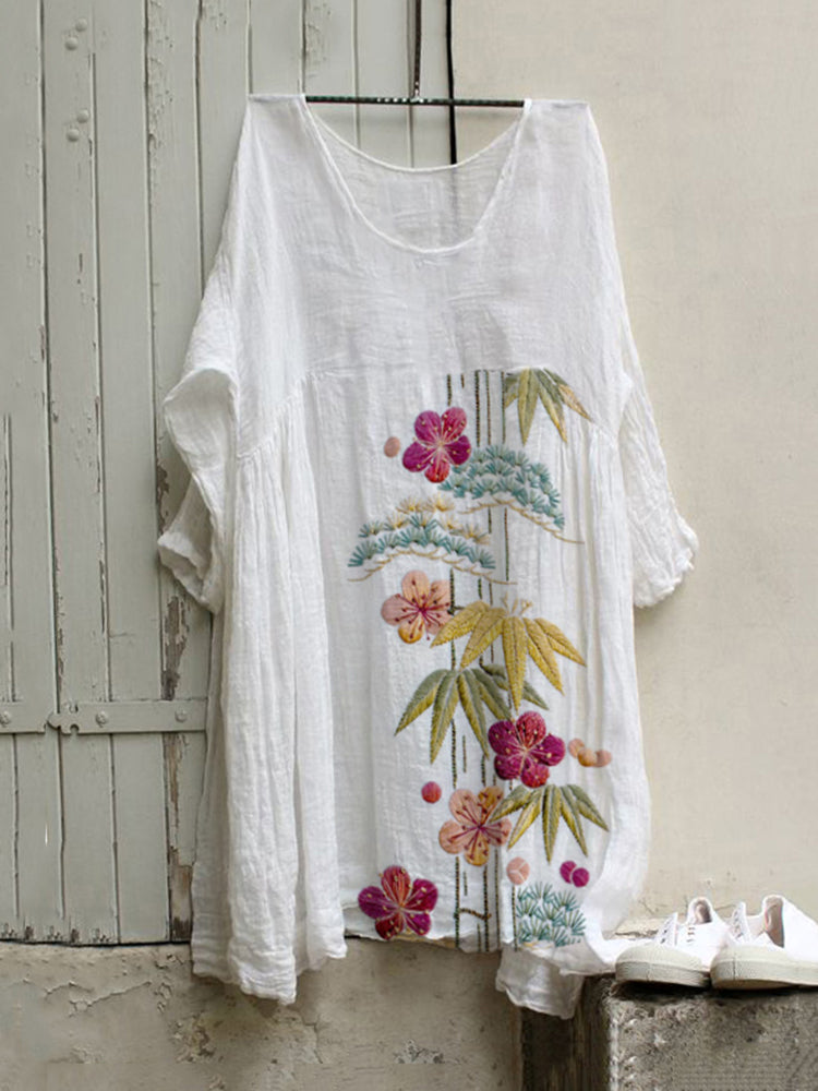 Women's Japanese Art Pine And Plum Blossoms Loose Casual Maxi Dress