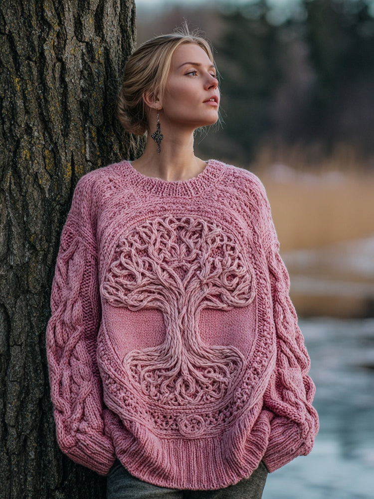 Retro Pink Tree Of Life Crew Neck Cozy Knitted Sweater artswardrobe