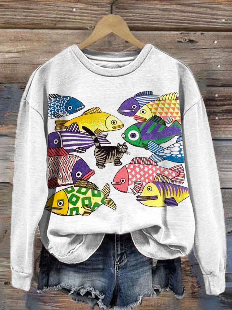 Comstylish Colorful Fish & Cat Print Vintage Sweatshirt