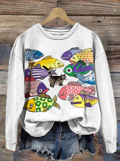 Comstylish Colorful Fish & Cat Print Vintage Sweatshirt