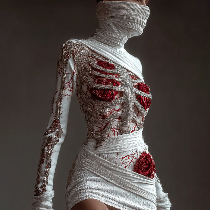 Women's Red Rose Skeleton Art Round Neck Knit Mini Sweater Dress artswardrobe