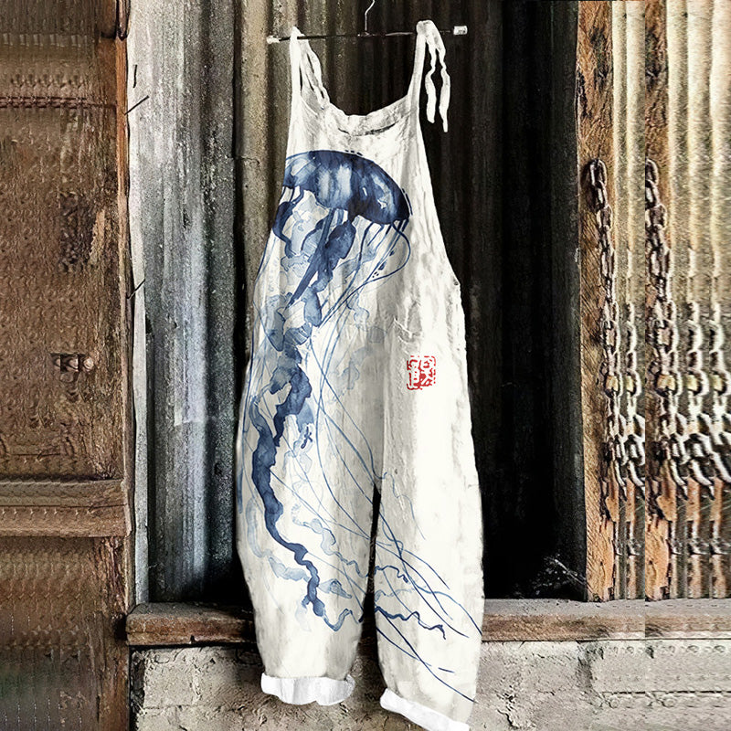 Comstylish Japanese Art Jellyfish Print Casual Linen Blend Jumpsuit