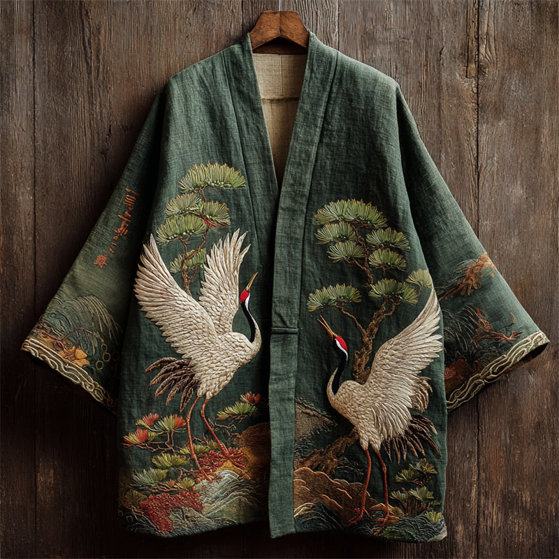 Comstylish Japanese Cranes & Pine Trees Landscape Embroidered Linen Kimono Cardigan