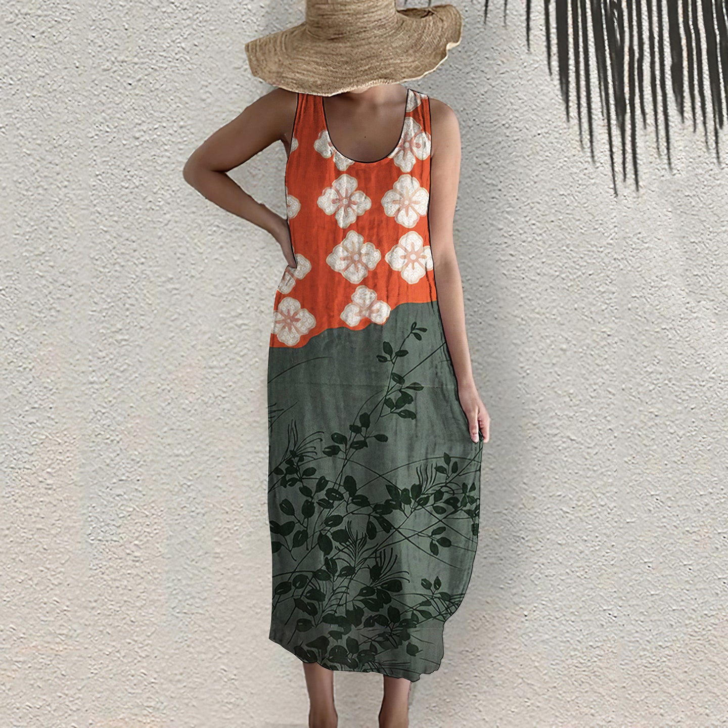 Comstylish Japanese Art Flower Print Sleeveless Casual Linen Blend Midi Dress