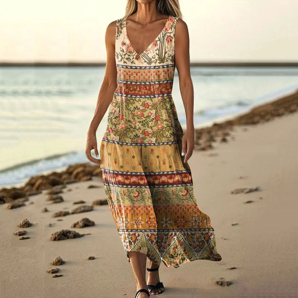 Women's Vintage Scottish Thistle Print Linen Sleeveless Dress artswardrobe