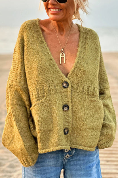 Olivia® | Solid color loose long sleeve knitted sweater with V-neck and pocket