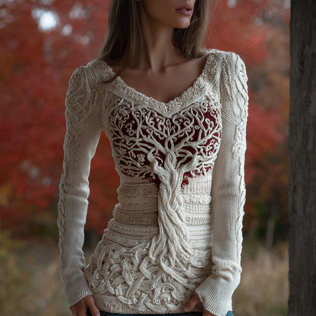 Women's Viking Celtic Tree Of Life Knit V Neck Sweater artswardrobe