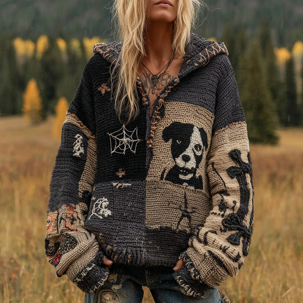 Halloween Dog Patchwork Stitched Cozy Knit Hoodie artswardrobe