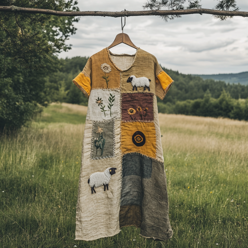 Sheep Floral Patchwork Linen V-neck Midi Dress artswardrobe