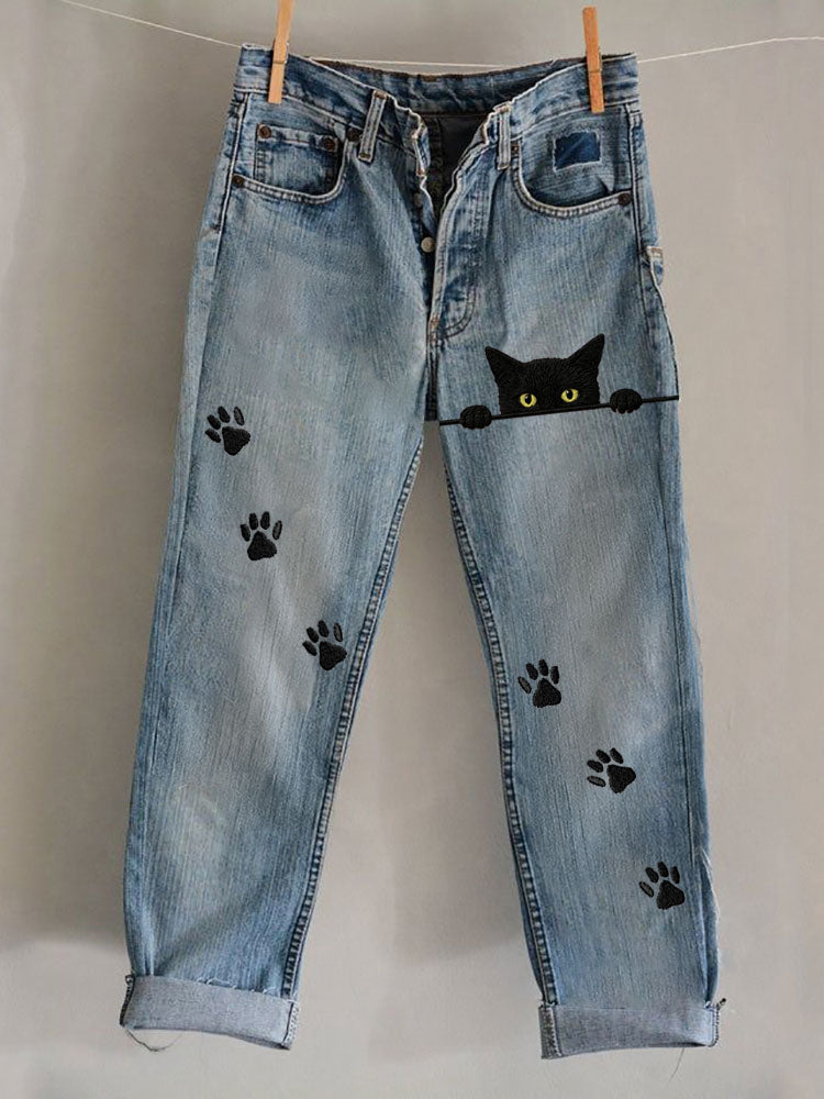 Comstylish Peeking Black Cats Paw Prints Washed Jeans