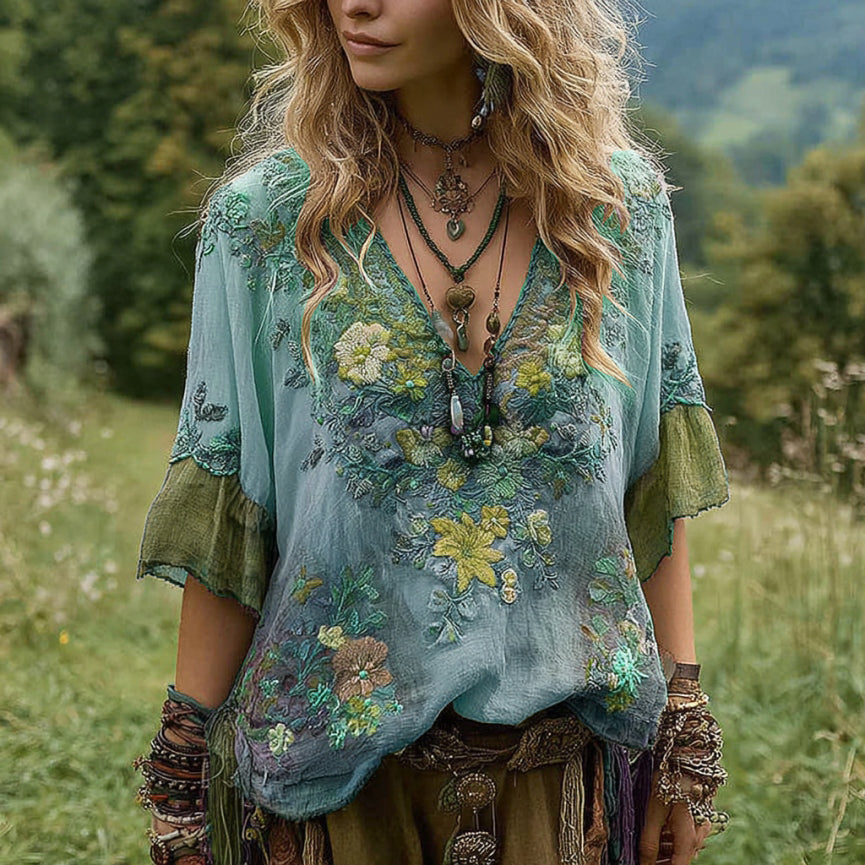 Women's Vintage Floral Embroidery Art V Neck Linen T-shirt artswardrobe