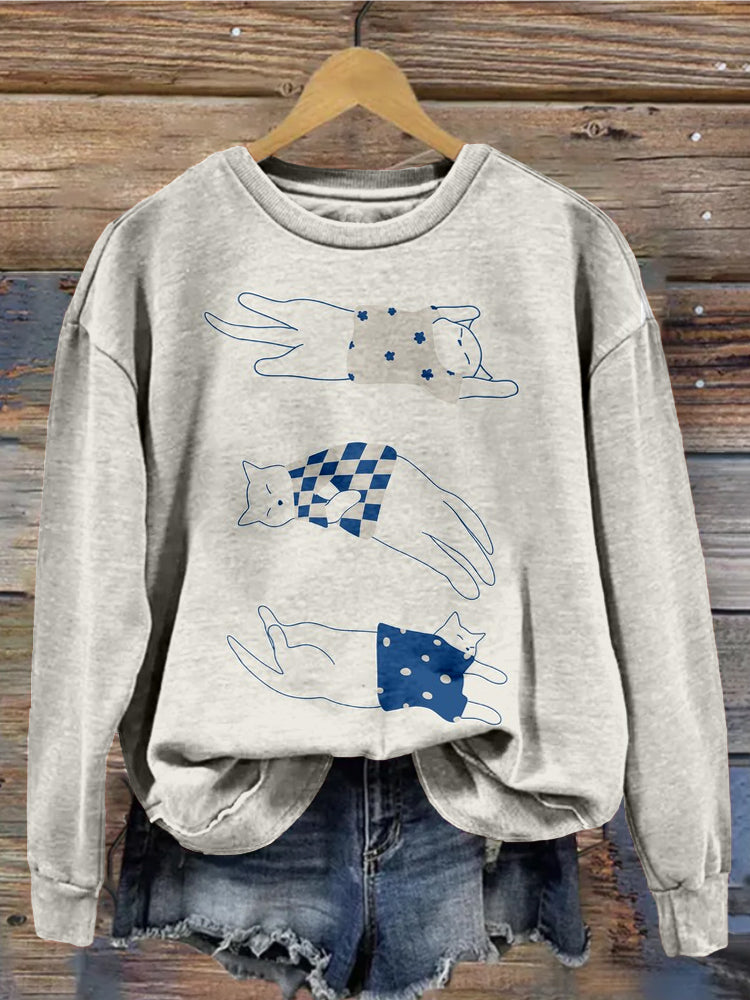 Comstylish Cute Cat Line Art Pattern Vintage Washed Sweatshirt