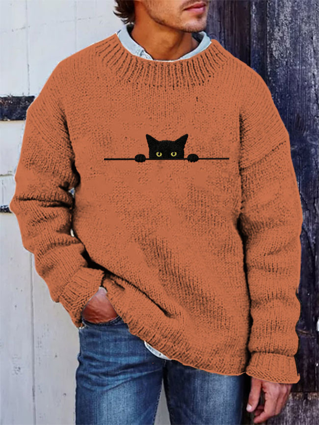 Men's Casual Funny Black Cat Print Sweater artswardrobe