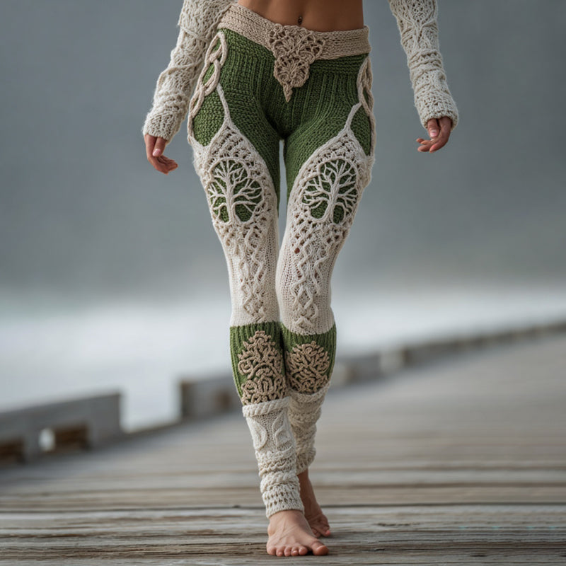 Women's Vintage Viking Tree Of Life Cozy Knit Leggings artswardrobe