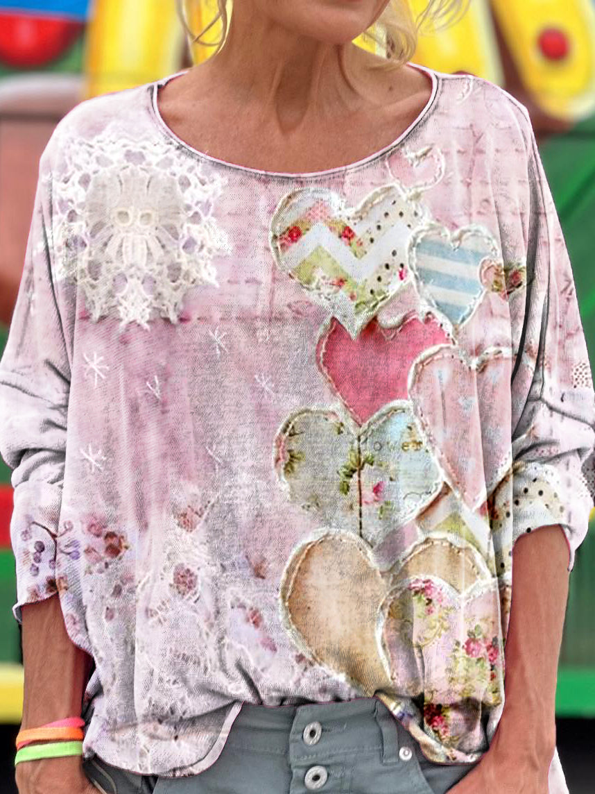 Women's Vintage Heart Collage Art Print Casual Long Sleeve T-shirt
