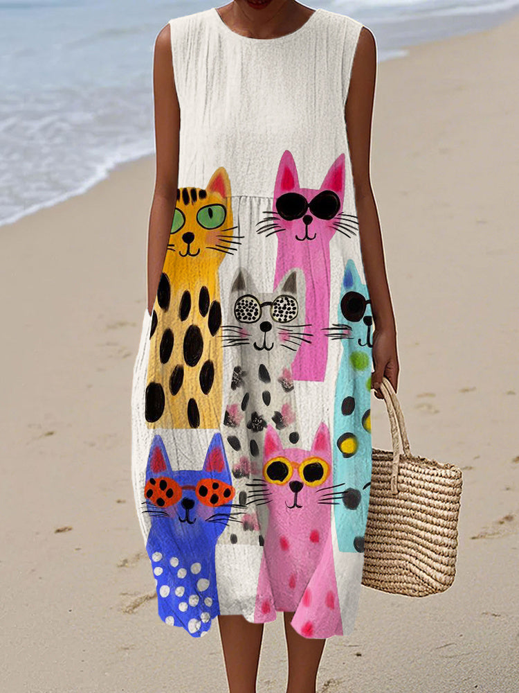 Comstylish Cute Cat Graffiti Women's Linen Vest Maxi Dress