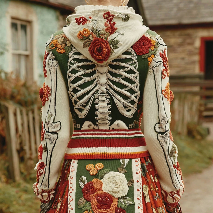 Comstylish Vintage Halloween Anatomy Chunky And Skeleton Floral Knitted Hooded Sweater
