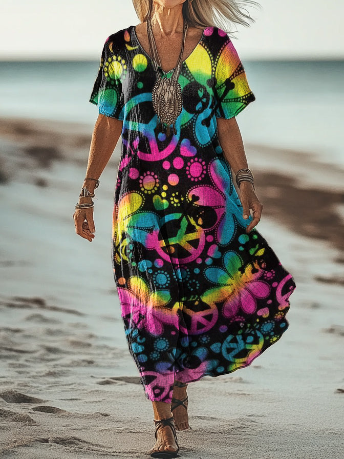 Women's Hippie Floral Art Print Pocket Cotton Dress