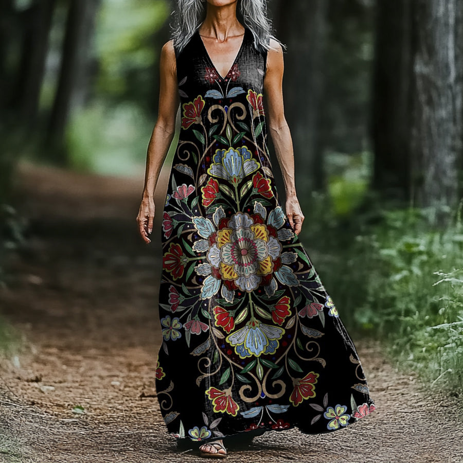 Women's Ethnic Totem Floral Art Pattern Print V-neck Sleeveless Pocket