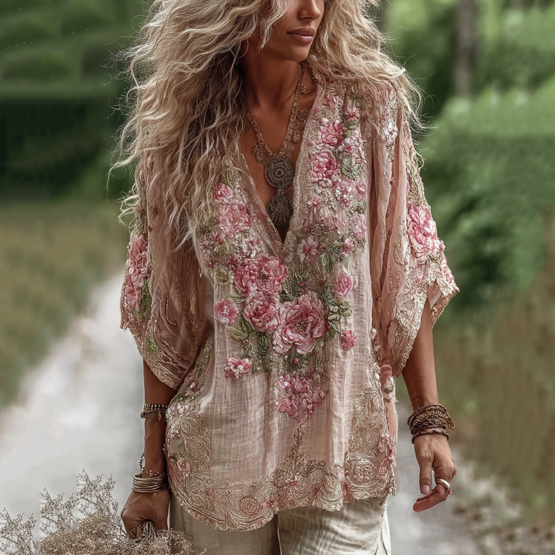 Women's Vintage Rose Embroidery Art Comfy Linen Shirts artswardrobe