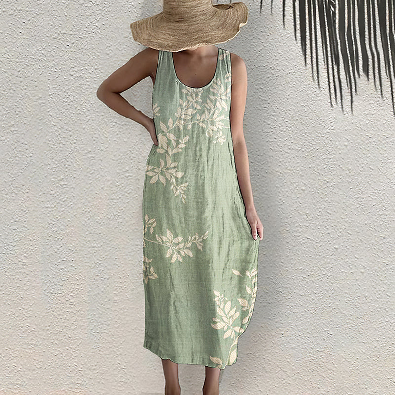 Comstylish Floral Print Sleeveless Casual Linen Blend Midi Dress