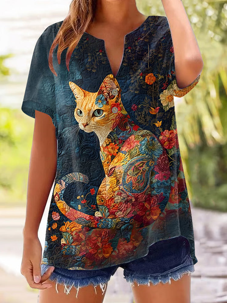 Comstylish Women's Casual Art Cat Cotton And Linen Shirt