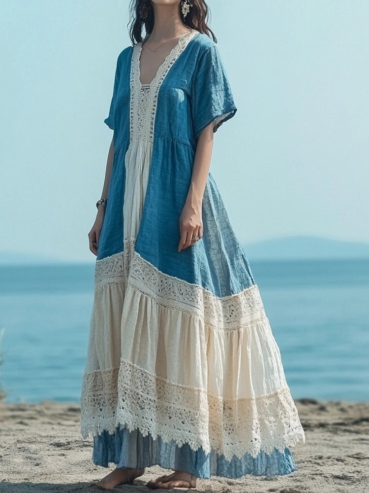 Vacation Lace Patchwork Flowy Linen Maxi Dress artswardrobe